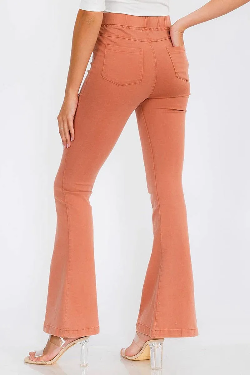 ELASTIC WAIST BACK POCKETS BELL BOTTOM PANTS