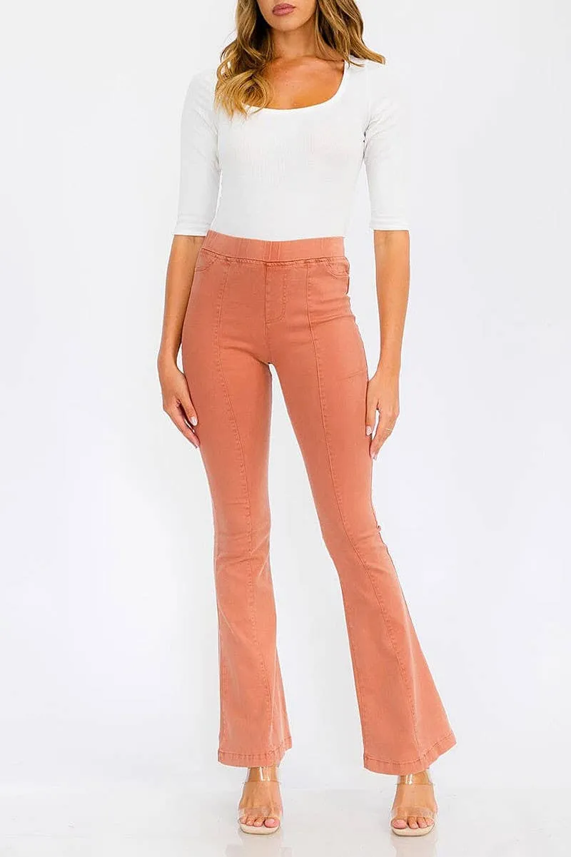 ELASTIC WAIST BACK POCKETS BELL BOTTOM PANTS