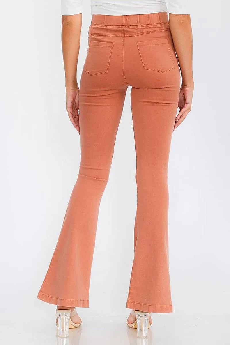 ELASTIC WAIST BACK POCKETS BELL BOTTOM PANTS