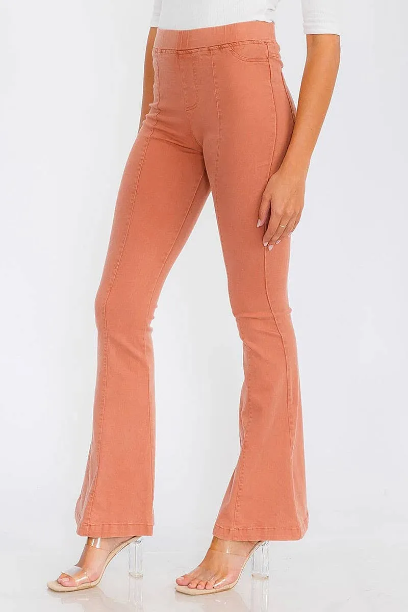 ELASTIC WAIST BACK POCKETS BELL BOTTOM PANTS