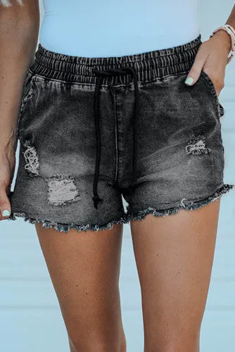 Elastic Waist Jean Shorts - Black