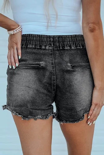 Elastic Waist Jean Shorts - Black