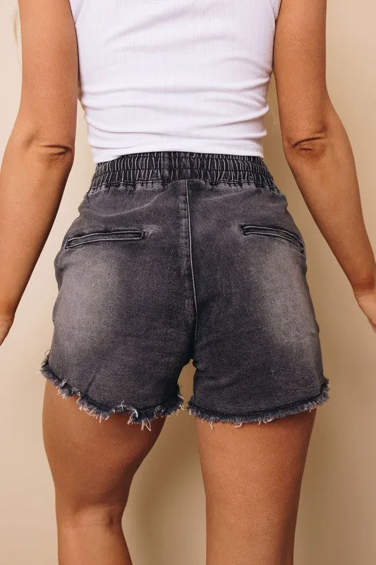 Elastic Waist Jean Shorts - Black