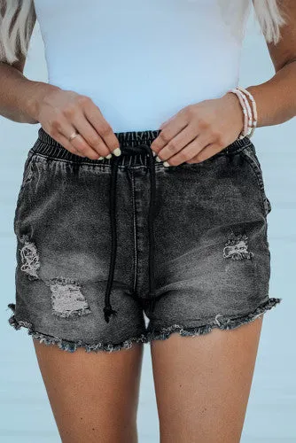 Elastic Waist Jean Shorts - Black