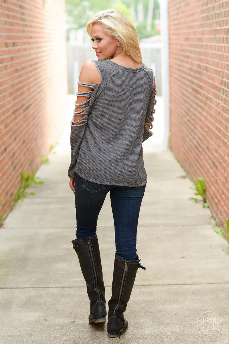 Fashion Hollow Out Long Sleeve Scoop Gray Blouse