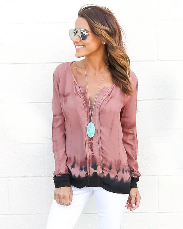 Fashion Pink Tie-Dye Leaking Print Long Sleeve Blouse