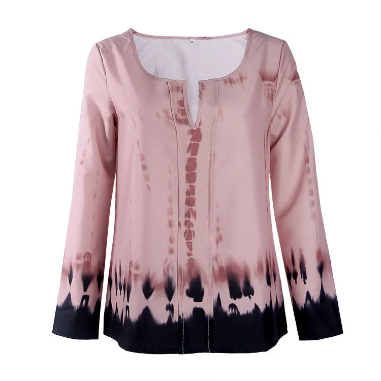 Fashion Pink Tie-Dye Leaking Print Long Sleeve Blouse