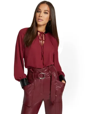 Faux-Leather Tie-Front Accent Blouse