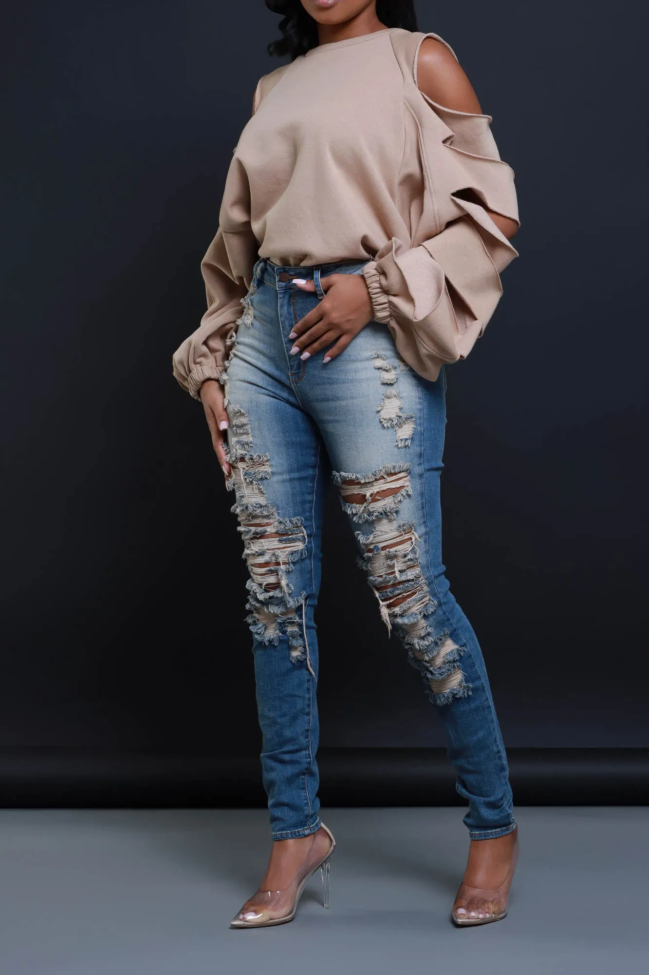 Feeling Edgy Laser Cut Sweatshirt - Taupe