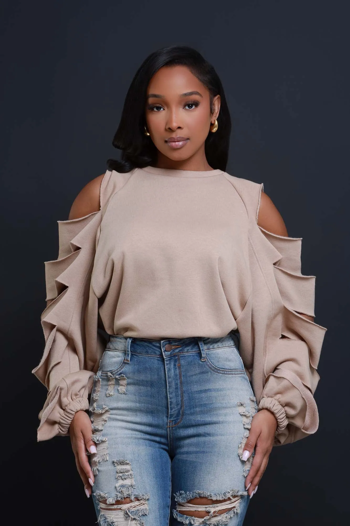 Feeling Edgy Laser Cut Sweatshirt - Taupe