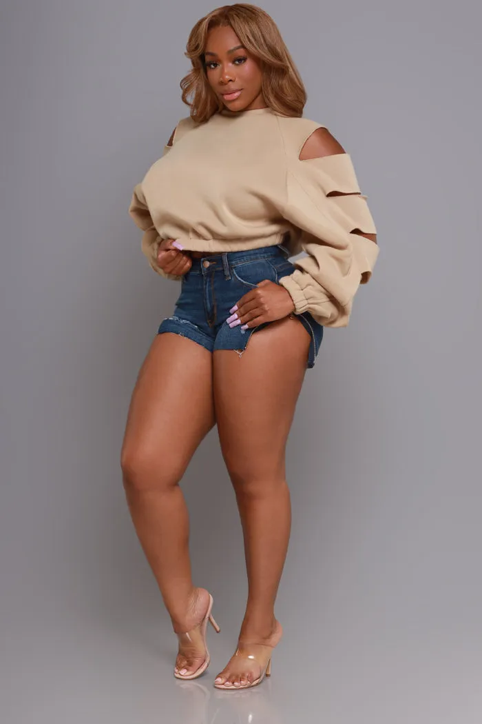 Feeling Edgy Laser Cut Sweatshirt - Taupe