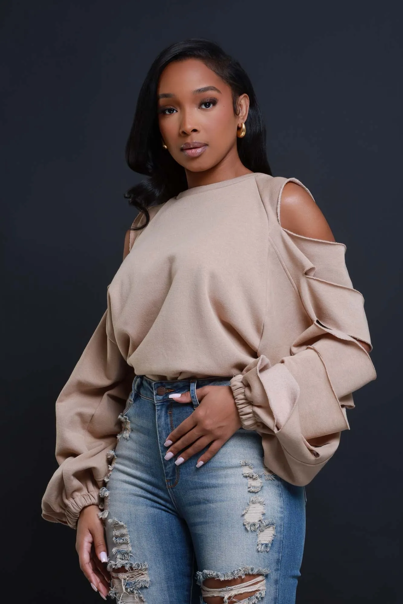 Feeling Edgy Laser Cut Sweatshirt - Taupe