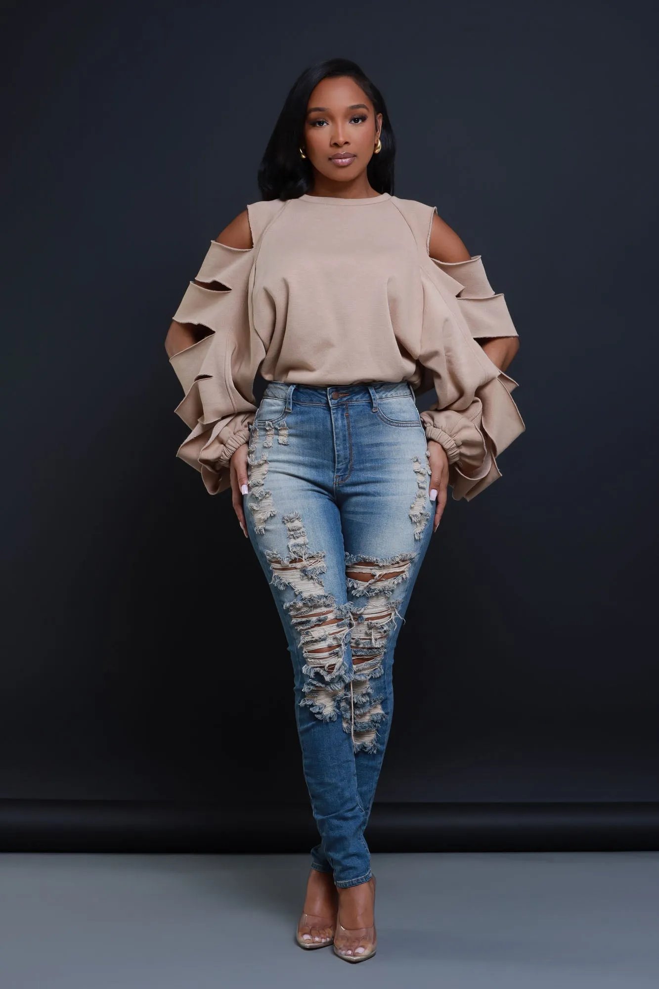 Feeling Edgy Laser Cut Sweatshirt - Taupe