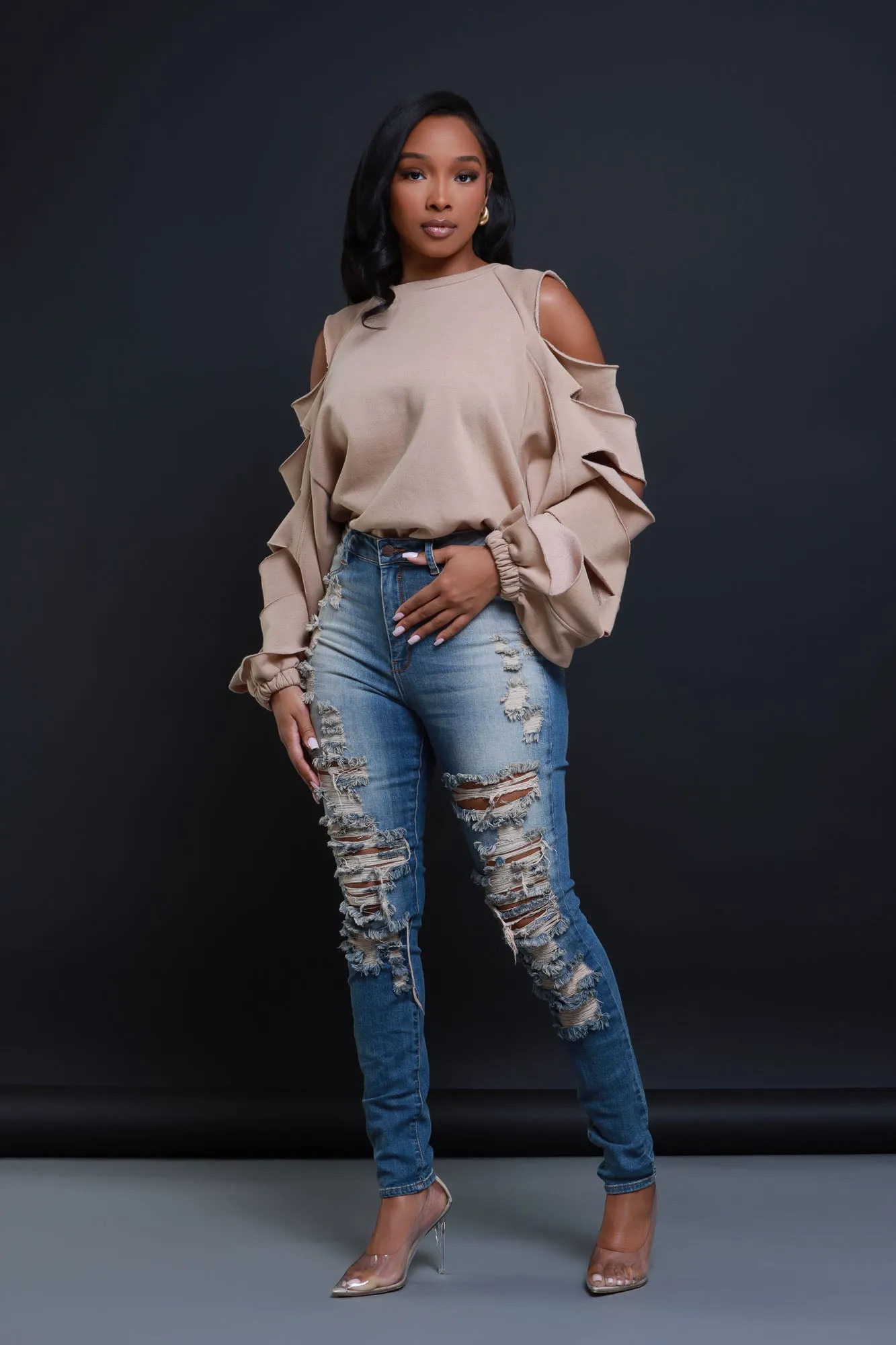 Feeling Edgy Laser Cut Sweatshirt - Taupe