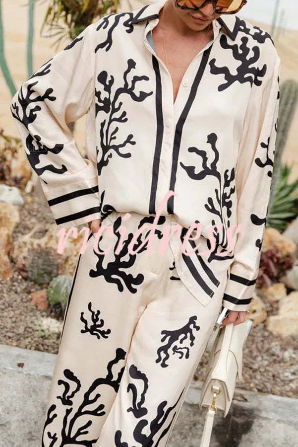 From Desk To Dinner Satin Unique Print Button Down Oversized Blouse