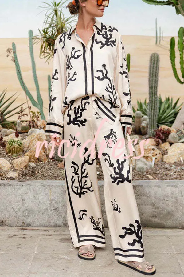 From Desk To Dinner Satin Unique Print Button Down Oversized Blouse