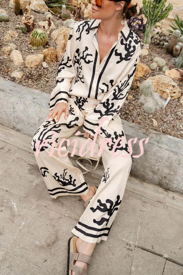 From Desk To Dinner Satin Unique Print Button Down Oversized Blouse