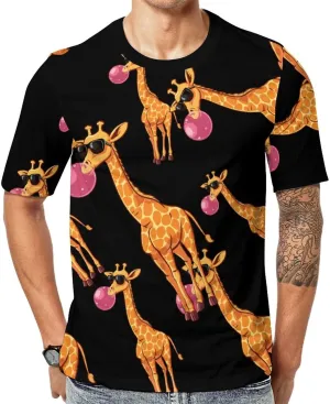 Funny Blowing Bubble Gum Giraffe Men's T-Shirts Short Sleeve Tee Hawaiian Shirt Summer Tops Casual Workout Shirts