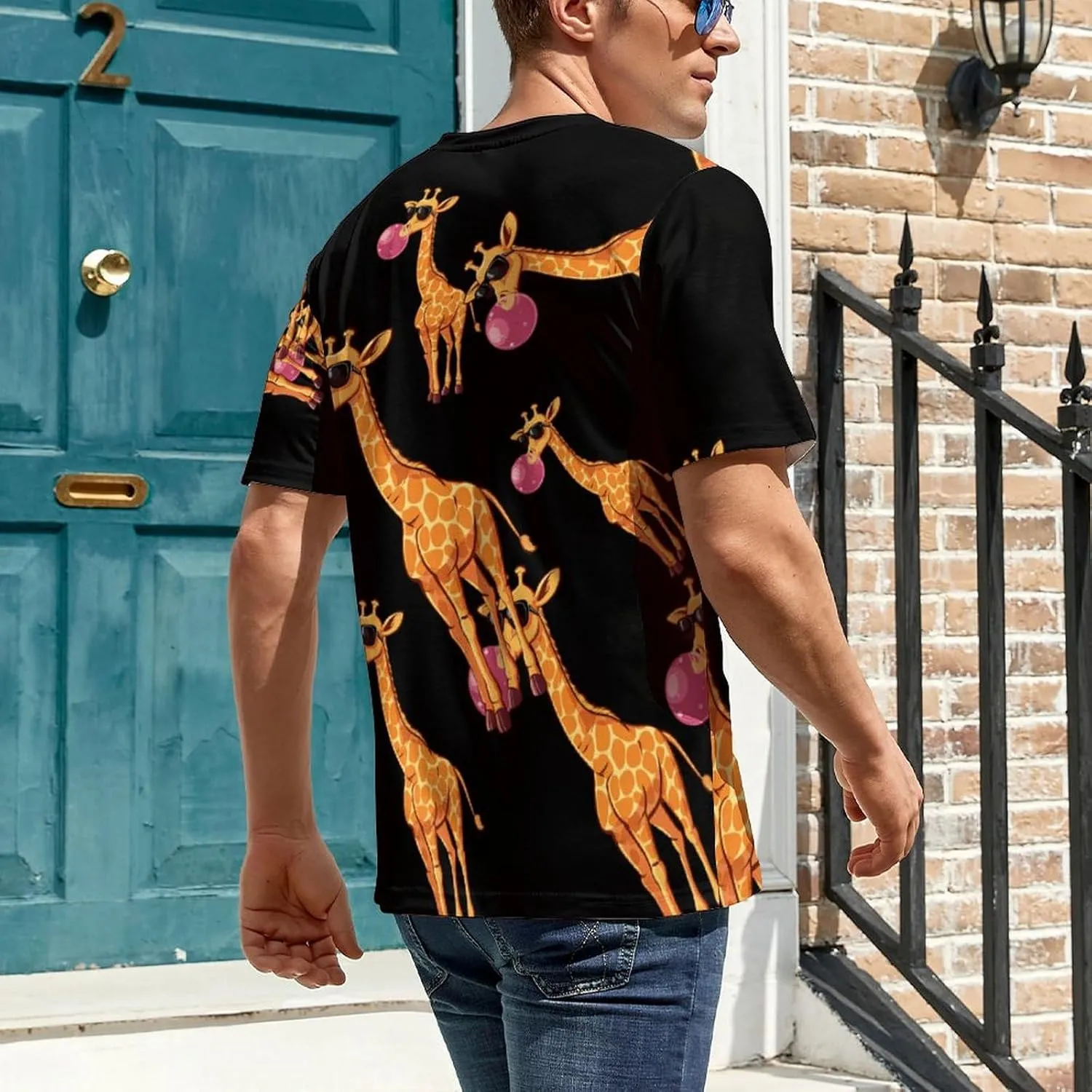 Funny Blowing Bubble Gum Giraffe Men's T-Shirts Short Sleeve Tee Hawaiian Shirt Summer Tops Casual Workout Shirts