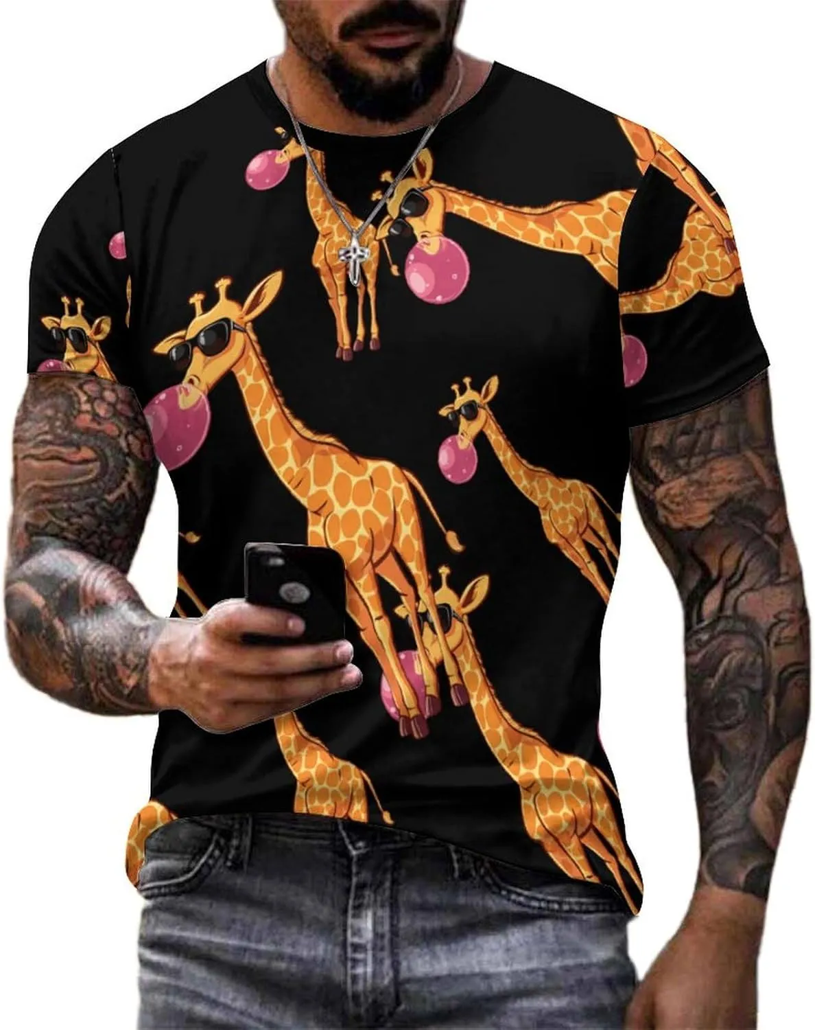 Funny Blowing Bubble Gum Giraffe Men's T-Shirts Short Sleeve Tee Hawaiian Shirt Summer Tops Casual Workout Shirts