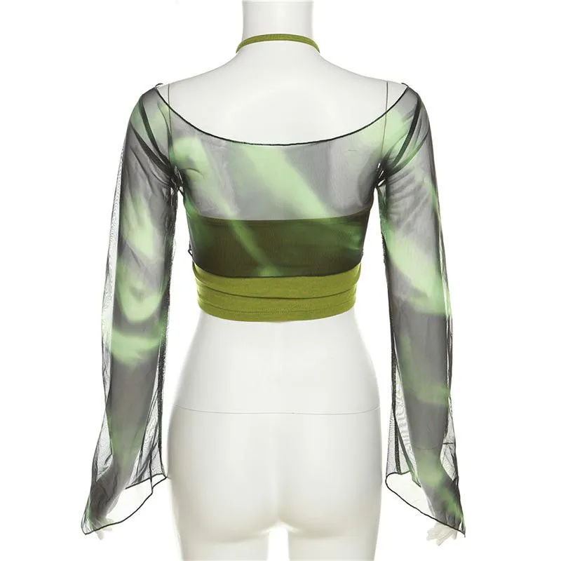 Halter drawstring mesh flared sleeve tie dye 2 piece crop top y2k 90s Revival Techno Fashion
