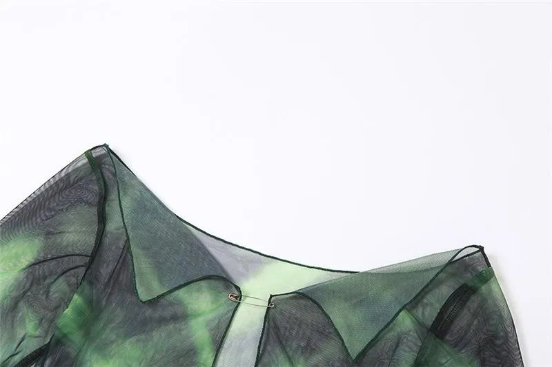 Halter drawstring mesh flared sleeve tie dye 2 piece crop top y2k 90s Revival Techno Fashion