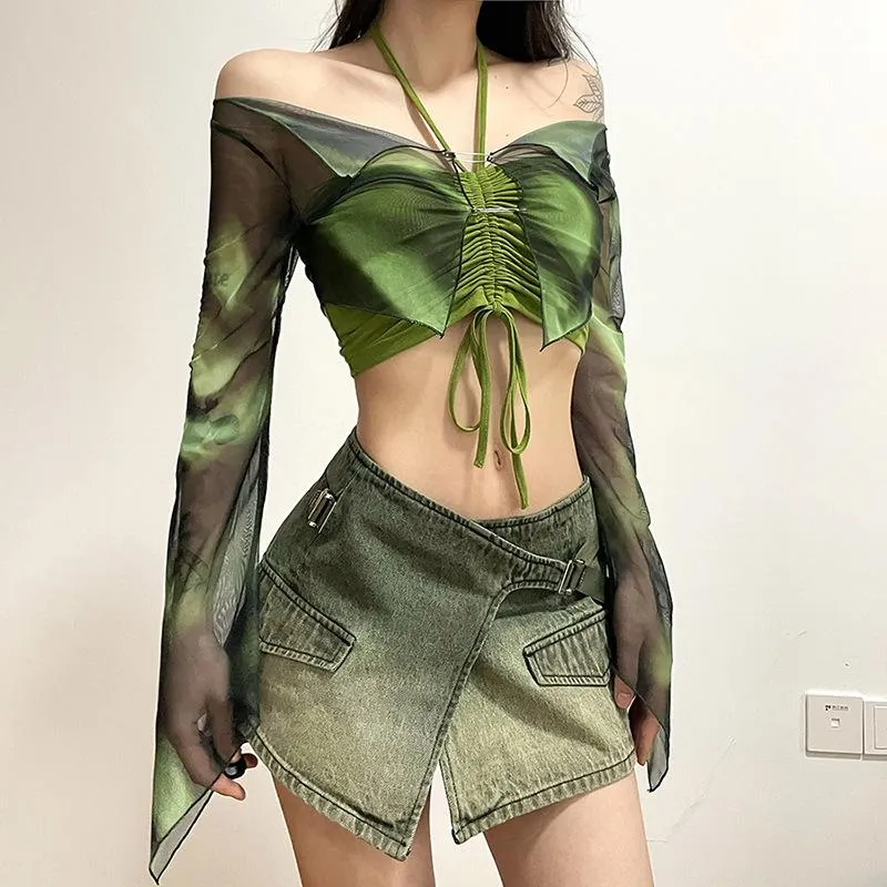 Halter drawstring mesh flared sleeve tie dye 2 piece crop top y2k 90s Revival Techno Fashion