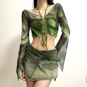 Halter drawstring mesh flared sleeve tie dye 2 piece crop top y2k 90s Revival Techno Fashion
