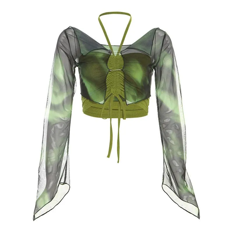 Halter drawstring mesh flared sleeve tie dye 2 piece crop top y2k 90s Revival Techno Fashion