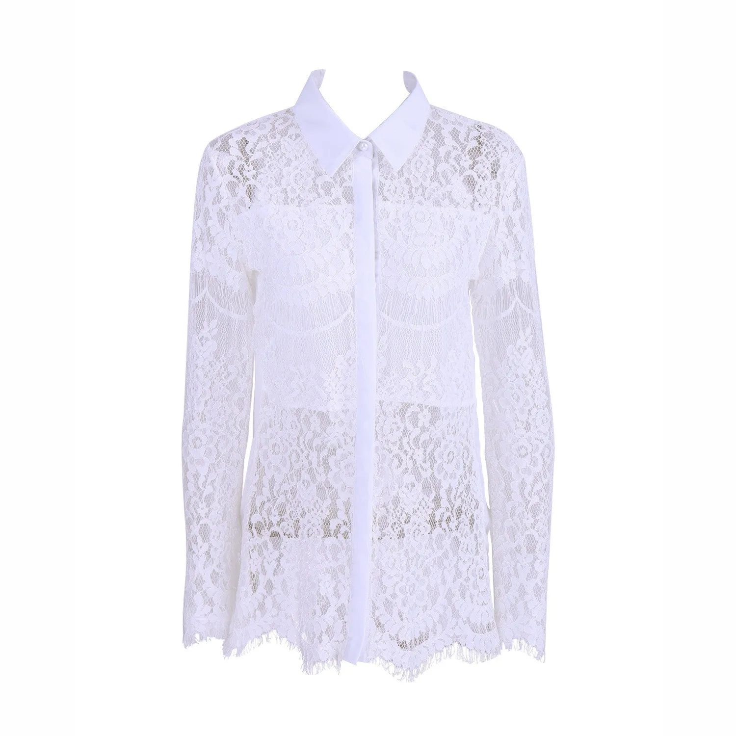 Hollow Out Lace Embroidery Flowers Splicing Fashion Shirt