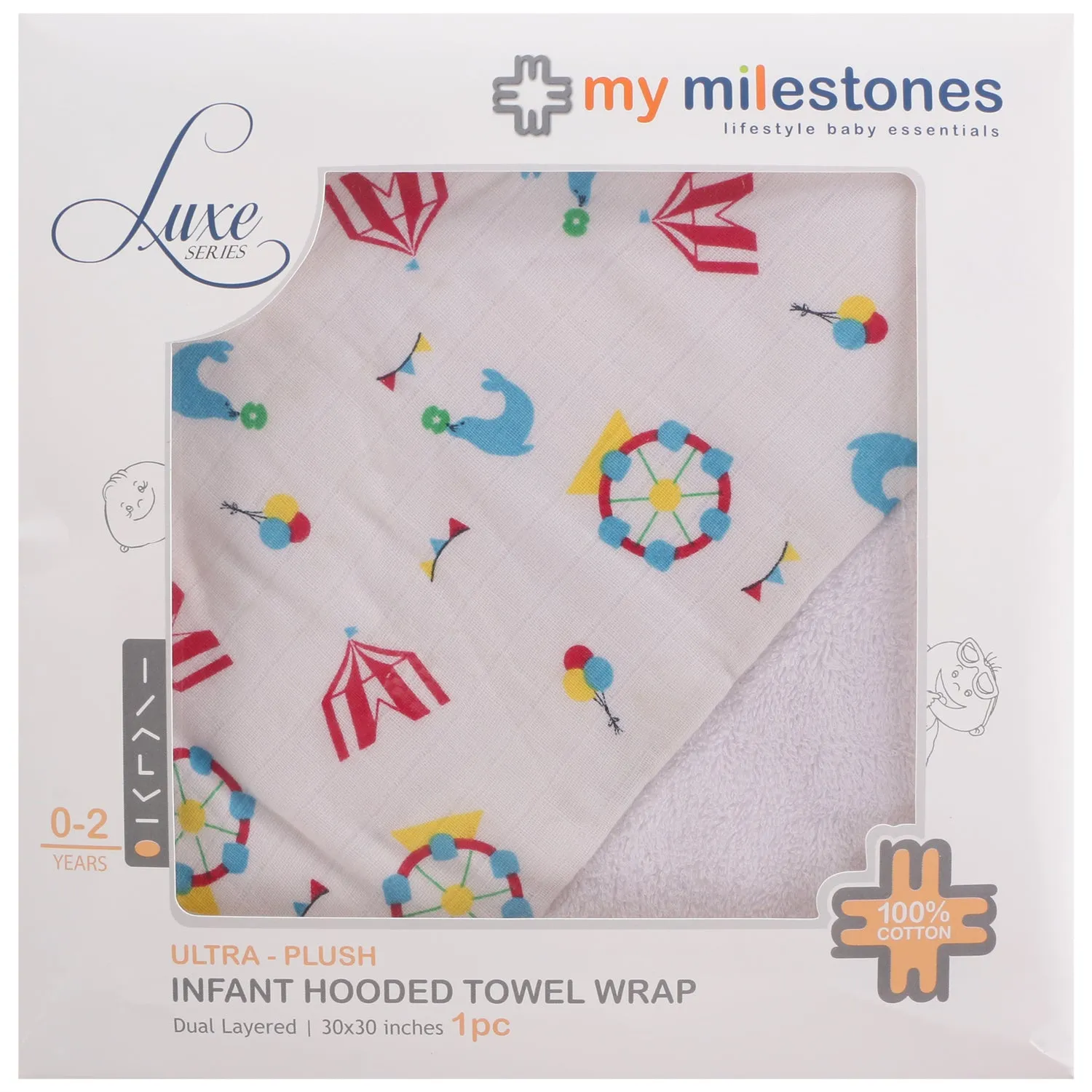 Infant Hooded Towel Wrap - Carnival Print White/Blue