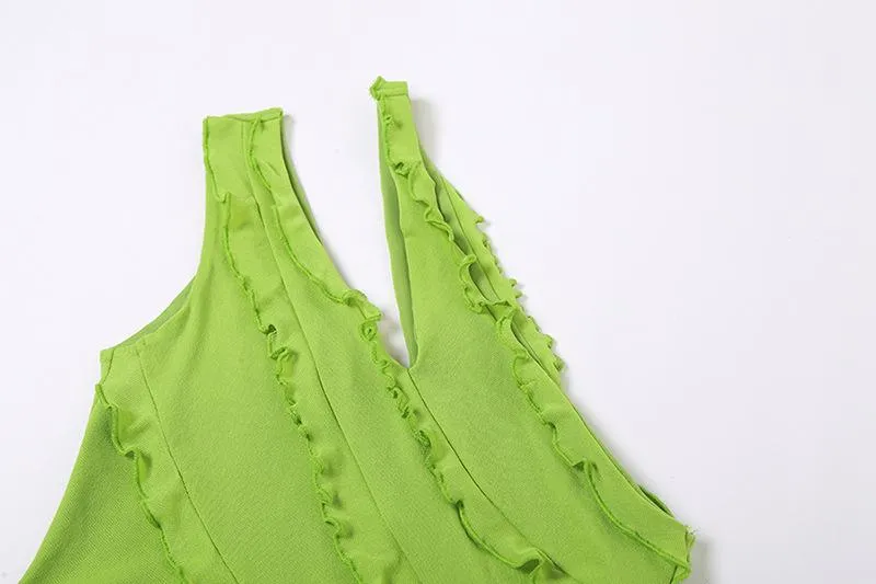 Irregular hollow out ruffle mesh solid one shoulder top y2k 90s Revival Techno Fashion