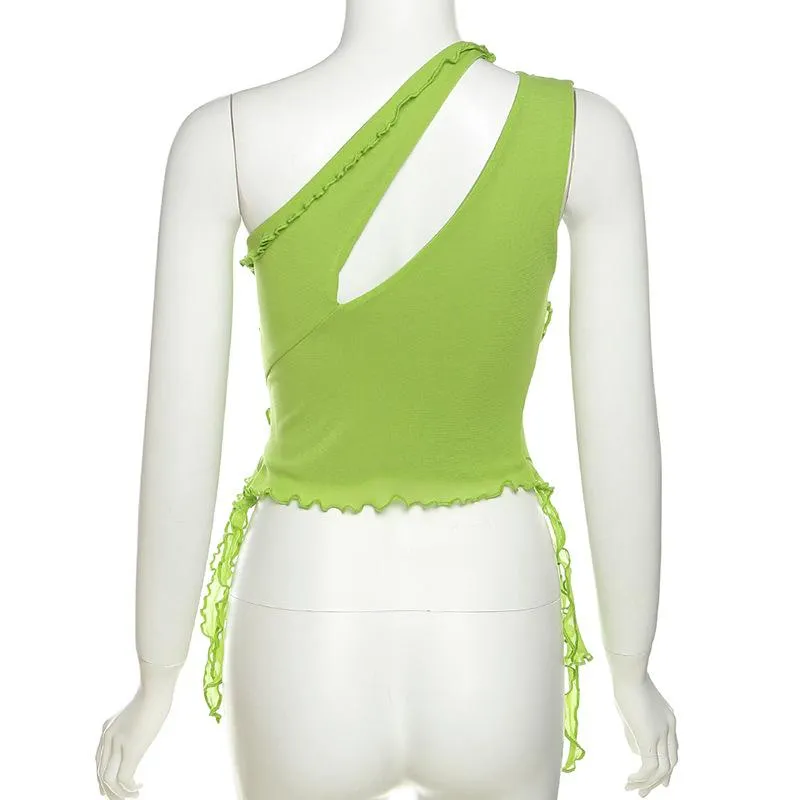 Irregular hollow out ruffle mesh solid one shoulder top y2k 90s Revival Techno Fashion