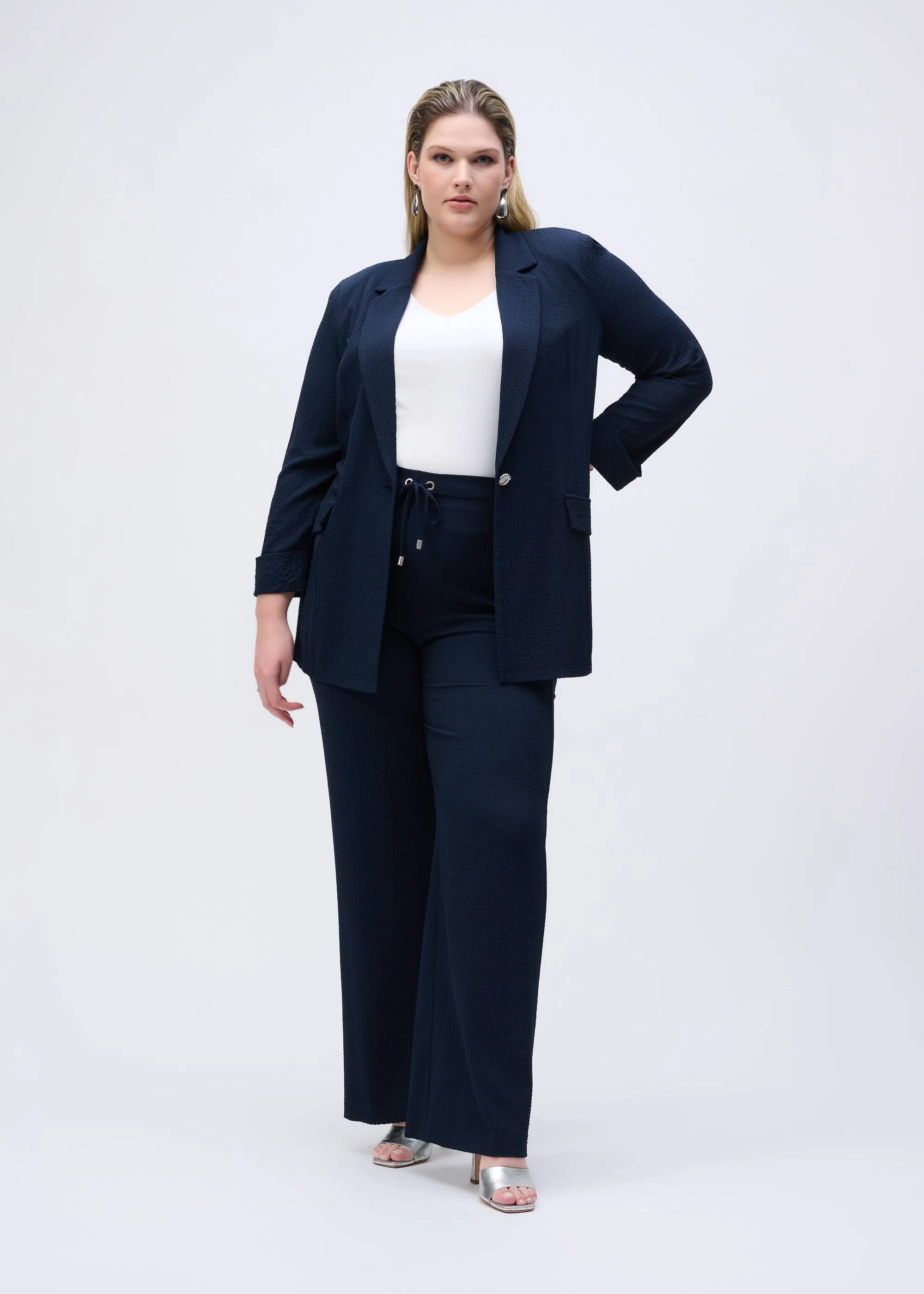 Joseph Ribkoff Seersucker Wide Leg Drawstring Pant in Midnight
