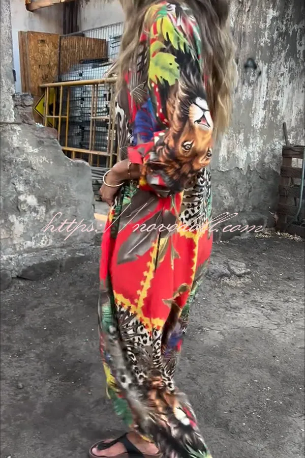 Jungle Miracle Animal Unique Print Button Long Sleeve Midi Relaxed Blouse