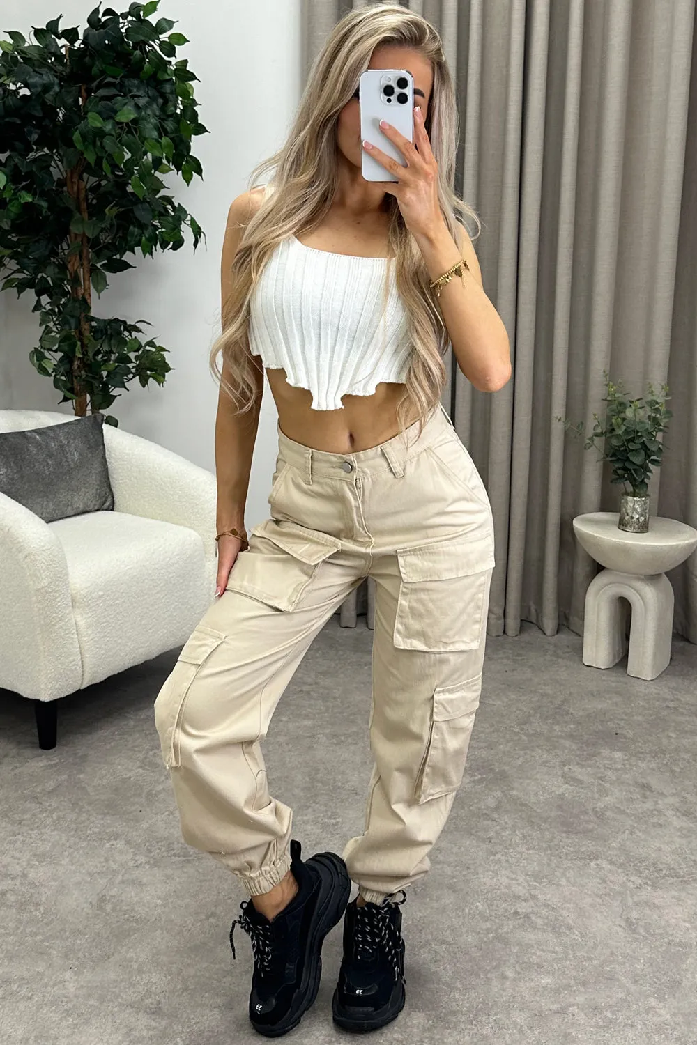 Krissy Beige Double Pocket Cargo Trousers