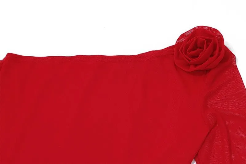 Long flared sleeve one shoulder mesh flower applique backless top