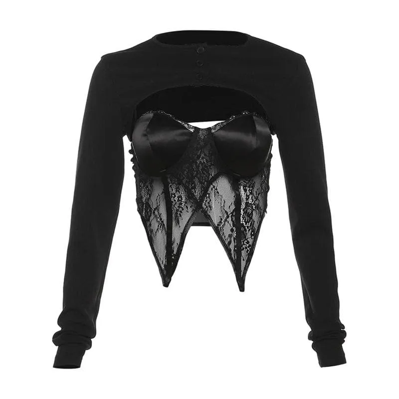Long sleeve button lace stitch shrug 2 piece top