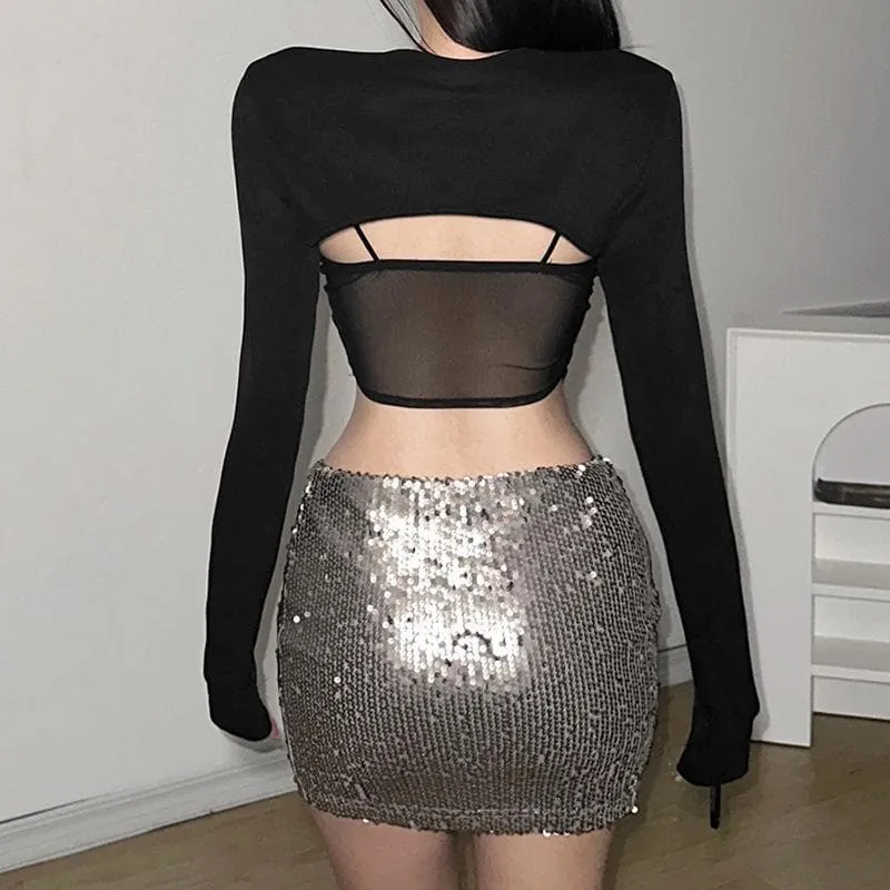 Long sleeve button lace stitch shrug 2 piece top