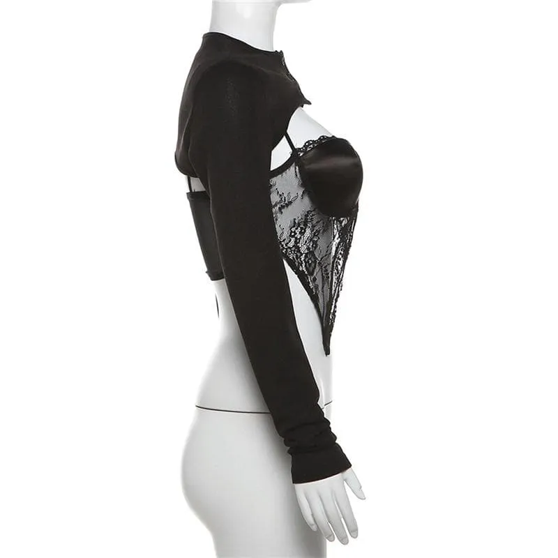 Long sleeve button lace stitch shrug 2 piece top