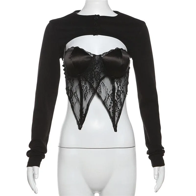 Long sleeve button lace stitch shrug 2 piece top