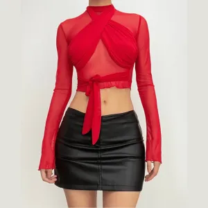 Long sleeve high neck cross front mesh ruched ruffle top