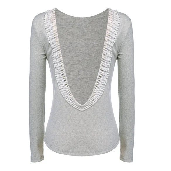 Long Sleeve O-neck Backless Tops Shirt Blouse