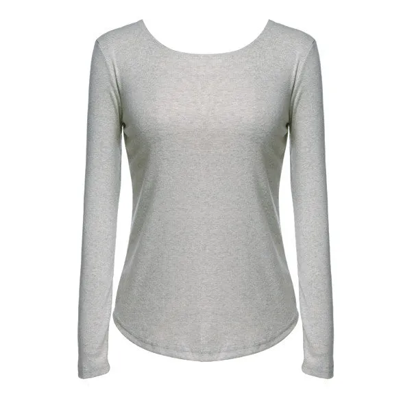 Long Sleeve O-neck Backless Tops Shirt Blouse