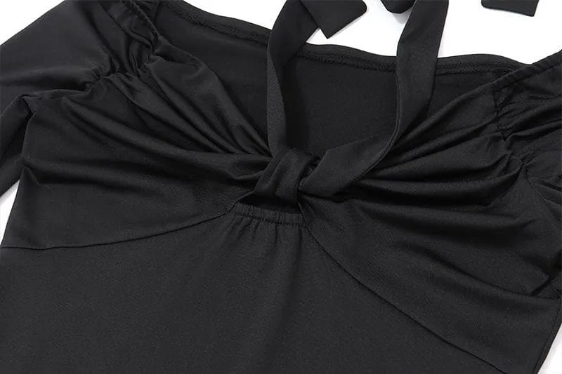 Long sleeve off shoulder halter ruched backless solid hollow out cut out top