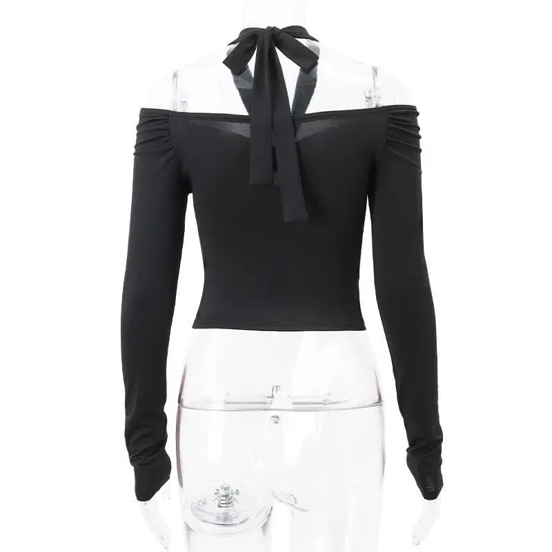 Long sleeve off shoulder halter ruched backless solid hollow out cut out top