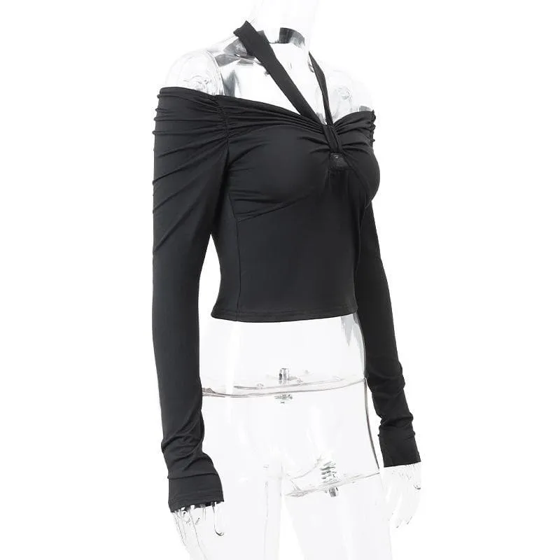 Long sleeve off shoulder halter ruched backless solid hollow out cut out top