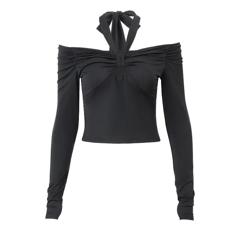 Long sleeve off shoulder halter ruched backless solid hollow out cut out top