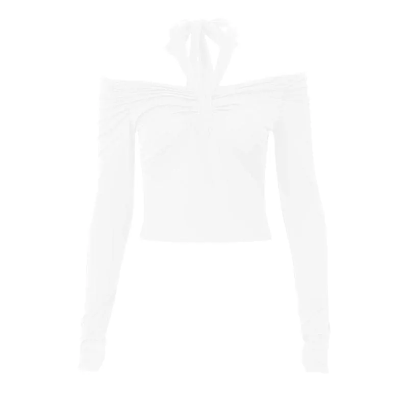 Long sleeve off shoulder halter ruched backless solid hollow out cut out top