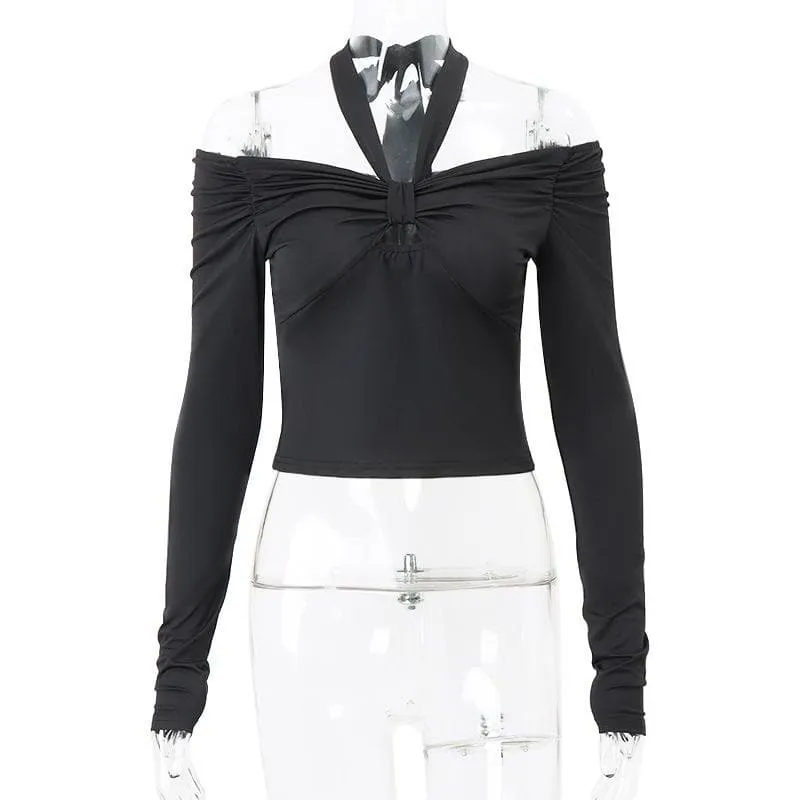 Long sleeve off shoulder halter ruched backless solid hollow out cut out top